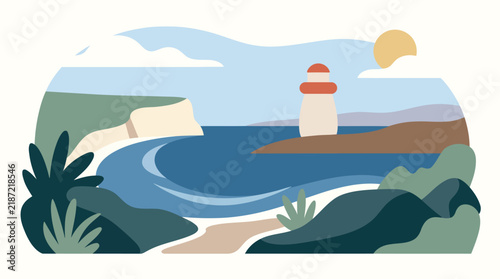Coastal Lighthouse Landscape Vector Illustration Minimalist Ocean Shore Cliffs Beach pathway Sun and Sea View in Pastel Earth Tones