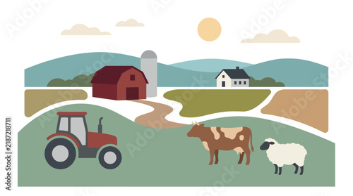 Organic Farm Landscape Vector Agriculture Illustration Barn Silo Tractor Cow and Sheep on Rural Fields in Earthy Muted Tones