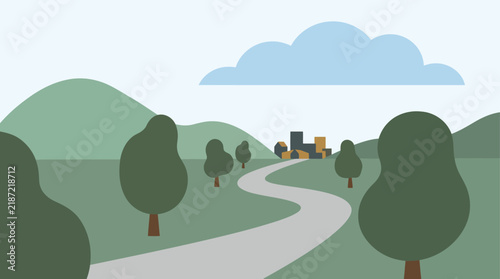 Minimalist Countryside Landscape Vector Winding Road to Village Hills Trees and Cloud Scenic Rural View in Muted Green Tones