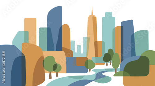 Abstract City Skyline Vector Illustration Minimalist Modern Urban Cityscape with Skyscrapers Trees River in Terracotta Teal and Slate Blue