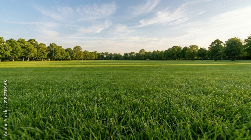 Obraz premium Beautiful sky over a vacant ground and clean grass lawn with various trees in a park