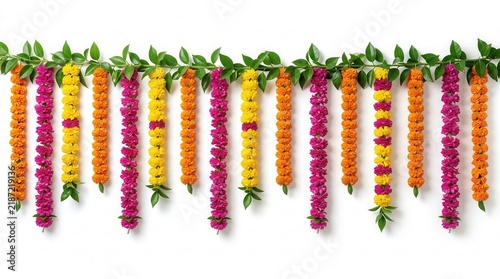 Onam and Diwali concept image with a hanging flower decoration border design isolated on white background