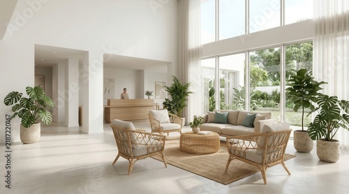 Minimalist decor and tropical plants in a bright, airy modern hotel lobby with natural light