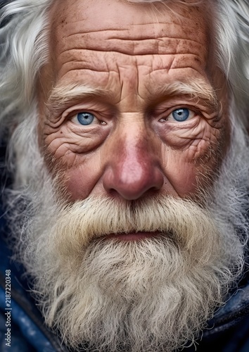 Old man with white beard and blue eyes.