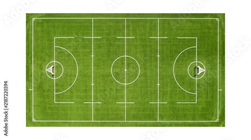 Aerial view of a professional lacrosse field with white boundary lines on green grass