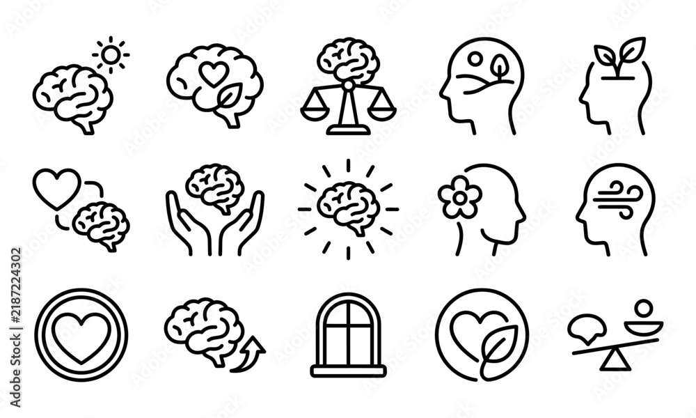 Fototapeta premium Set of hand drawn mental health icons for world mental health day featuring brain and wellness concepts