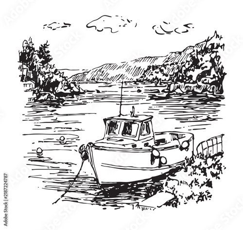 Nautical ink sketch of a fishing boat in a harbor. Hand-drawn vintage engraving