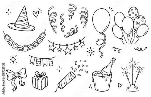 Fun birthday party decoration doodles with balloons, streamers, garlands, party hat, gifts, confetti and sparklers