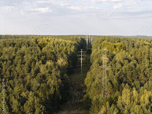 Aerial view of High Voltage Power Transmission Lines Crossing a Forest with Cleared Right of Way
