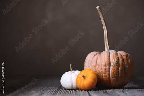 Close-up of three assorted pumpkins on wooden table against dark background in autumn setup. Moody food photography with seasonal styling and rustic fall atmosphere
