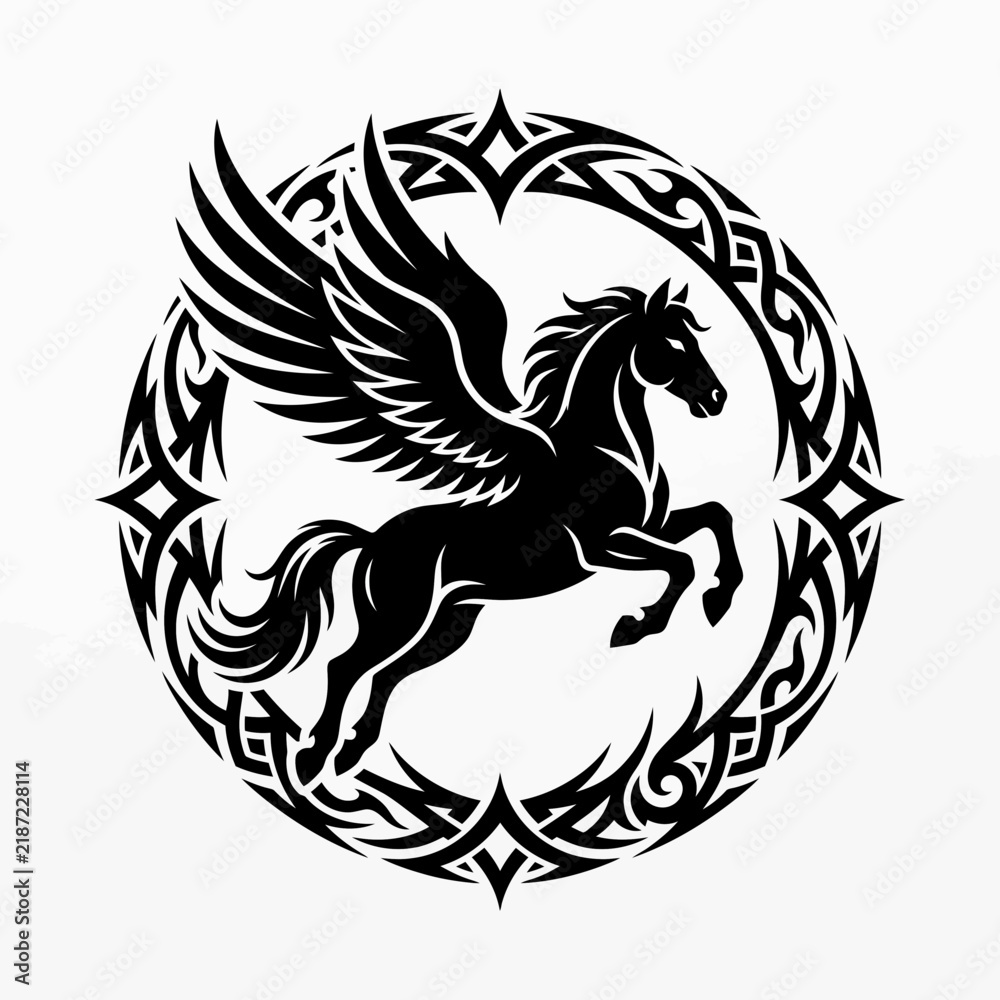 Fototapeta premium Black Pegasus Silhouette Tribal Circle Graphic