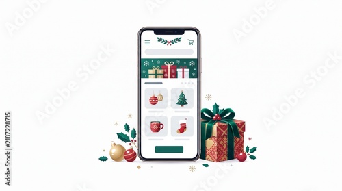 Holiday Shopping Mobile App Interface with Festive Gift Boxes and Decorations