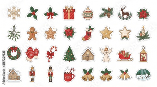 Vintage Christmas Holiday Stickers Set with Festive Icons and Decorations