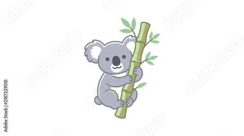 A cute cartoon koala bear with grey fur and big ears, smiling while clinging to a green bamboo stalk with leaves on a white background.
