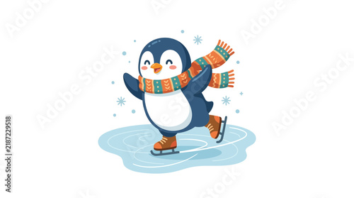 Cute cartoon penguin wearing a striped scarf happily ice skating on a frozen pond with snowflakes falling around it.