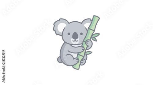 A cute cartoon koala bear with grey fur and big ears holding onto a green bamboo stick against a plain white background.