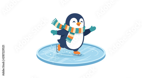 A cute cartoon penguin happily ice skating on a circular rink, wearing a colorful striped scarf and blue gloves.