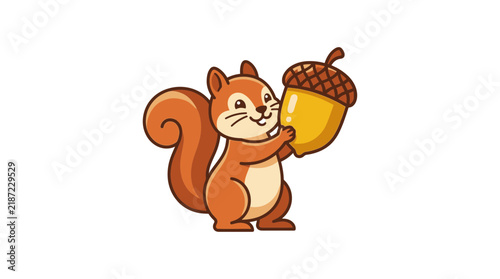 A cute cartoon squirrel with a fluffy tail happily holding a large golden acorn, depicted on a clean white background.