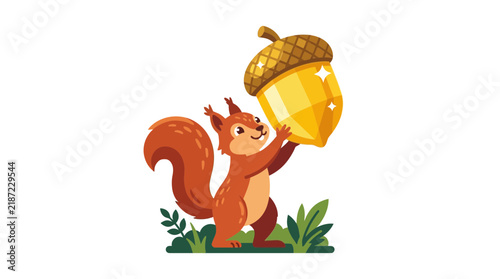 A charming cartoon squirrel happily holding a giant sparkling golden acorn, depicted in a vibrant flat illustration style.