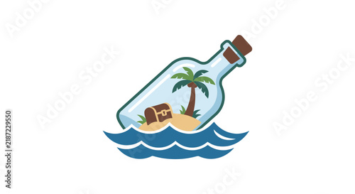 A cartoon illustration of a glass bottle floating on blue waves, containing a miniature tropical island with a palm tree and a treasure chest.
