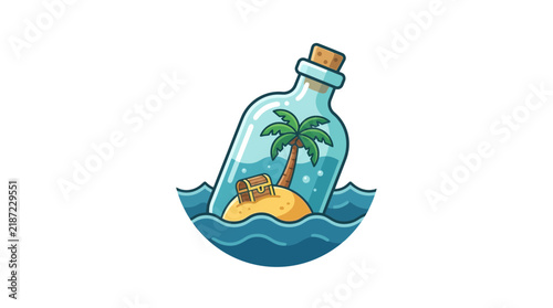Cartoon illustration of a message in a bottle with a tiny island, palm tree, and treasure chest floating in the ocean.