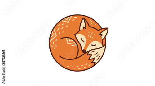 Stylized orange fox curled up and sleeping peacefully within a circular frame, featuring folk art patterns and a minimalist design.