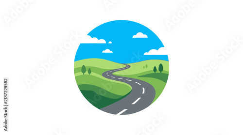 A stylized illustration of a winding road traversing rolling green hills under a bright blue sky with fluffy white clouds, all framed within a perfect circle.
