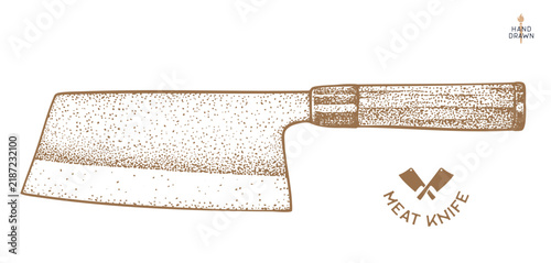 Butcher Knife. Hand drawn sketch. Cleaver Knife. Butchery symbol, icon logo, sign. Silhouette butcher knife, sketch. Template sign, meat shop market, butchery sketch design. Vector Illustration