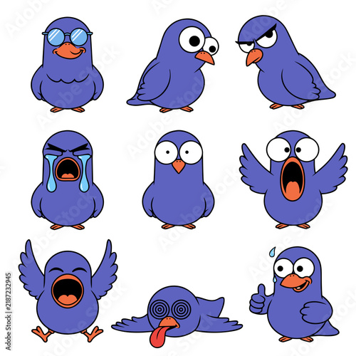 Set of cartoon blue birds displaying various facial expressions and poses on white background