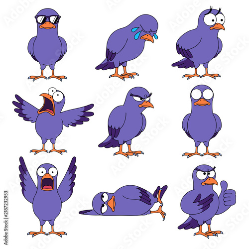 Set of cartoon purple birds showing various emotions and gestures on a white background