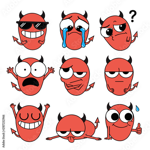 Set of cartoon red devil characters showing various emotions and expressions on white background