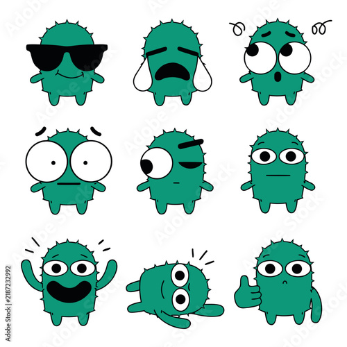 Set of cute green cartoon cactus character icons showing various facial expressions