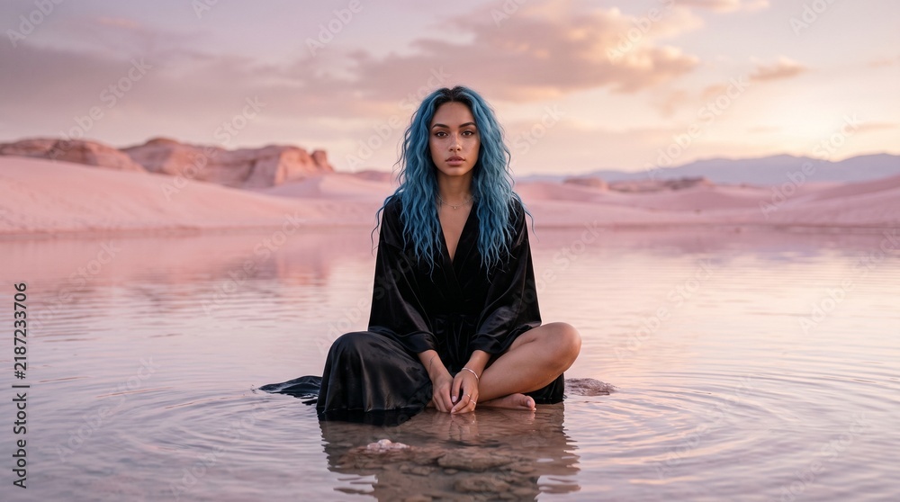 Fototapeta premium lovely female blue hair black robe seated shallow lake soft pink desert surreal fashion image soft cinematic illumination 