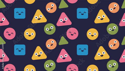 Seamless repeating pattern of cute smiling geometric shapes including circles, triangles, and squares on dark blue background.