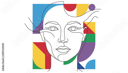 Contemporary one-line continuous line drawing of a female face combined with colorful abstract geometric blocks.
