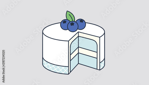 Delicious sliced double layer sponge cake decorated with fresh blue berries and leaf against light grey background.