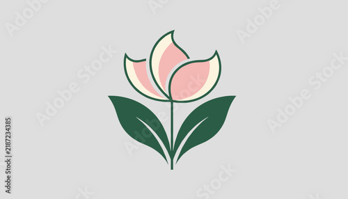 Beautiful minimalist vector illustration of a single pink tulip flower with green leaves on light grey background.