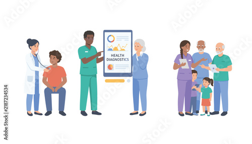 Medical staff providing healthcare diagnostics and consulting with patients of different age groups in flat style.