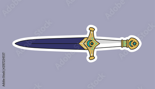 Elegant medieval fantasy dagger sticker illustration with gold and blue ornate details on light purple background.