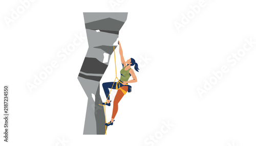 Active woman climbing a steep rock cliff with professional harness and safety rope equipment in flat style.