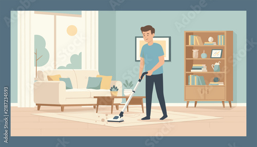 Young man cleaning the carpet with a vacuum cleaner inside a modern and cozy living room illustration.