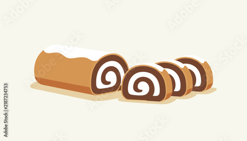 Delicious chocolate swiss roll cake dusted with powdered sugar and cut into slices on a light background.