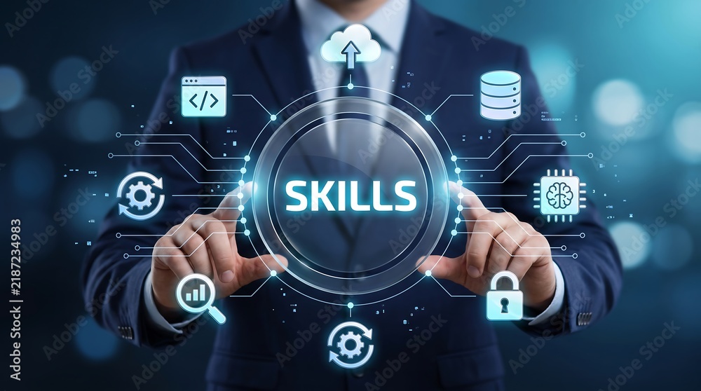 Obraz premium Professional technician managing specialized digital skills development interface with cloud and database icons for technical training and advancement