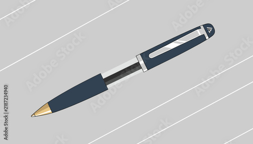 Professional dark blue ballpoint pen with gold tip isolated on a striped grey background illustration.