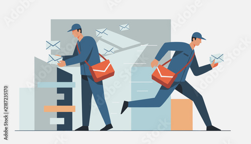 Two dedicated mail carriers in blue uniform running fast and delivering letters to modern city office buildings.