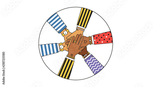 Top view of a diverse group of hands stacked in a circle, representing unity, support, teamwork, and friendship.