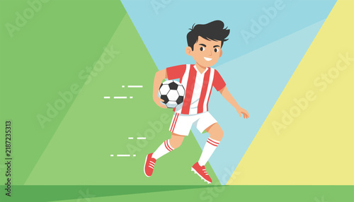 Active young boy in red and white striped soccer jersey running with a football on a colorful geometric background.