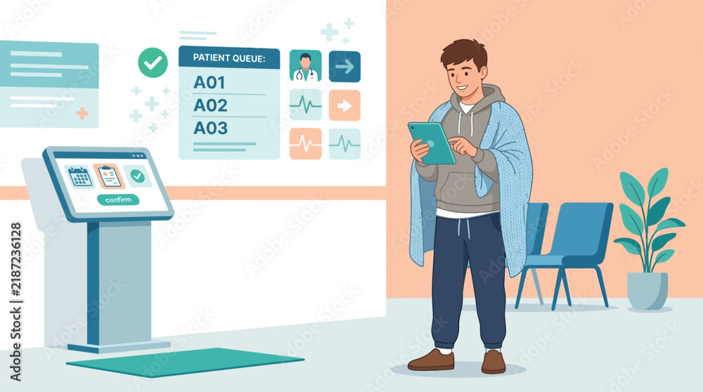 Obraz premium Man in clinic waiting room using tablet, digital queue display