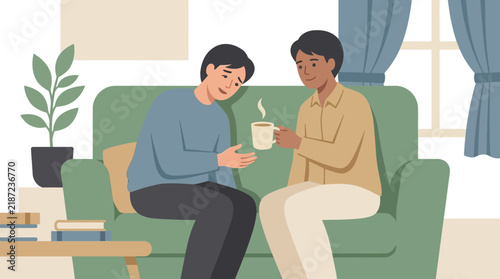 Two friends sitting on a green sofa at home, one comforting the other while sharing a warm cup of coffee in flat vector illustration style