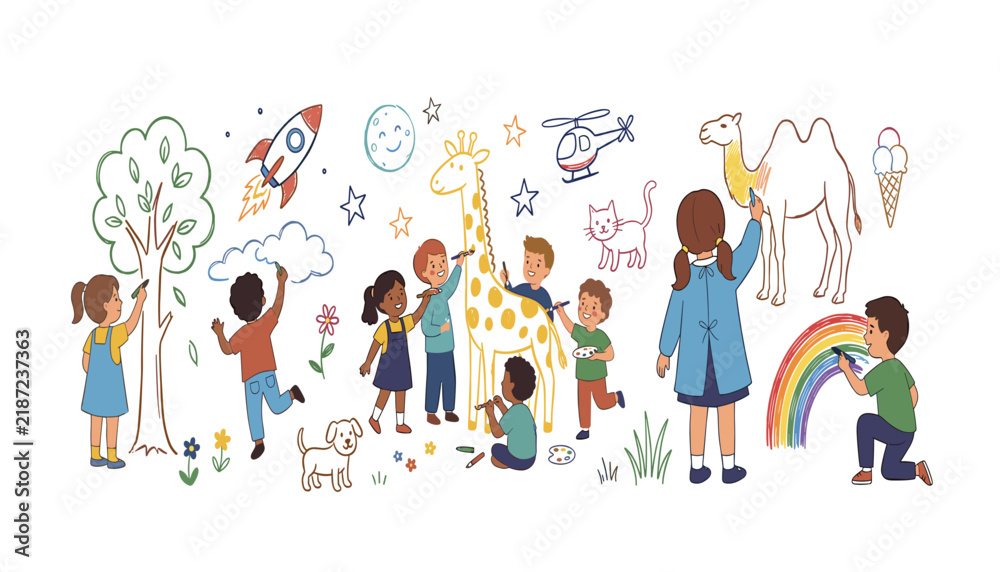 Fototapeta premium Happy diverse children drawing a creative fantasy world with animals giraffe rocket and rainbow vector illustration